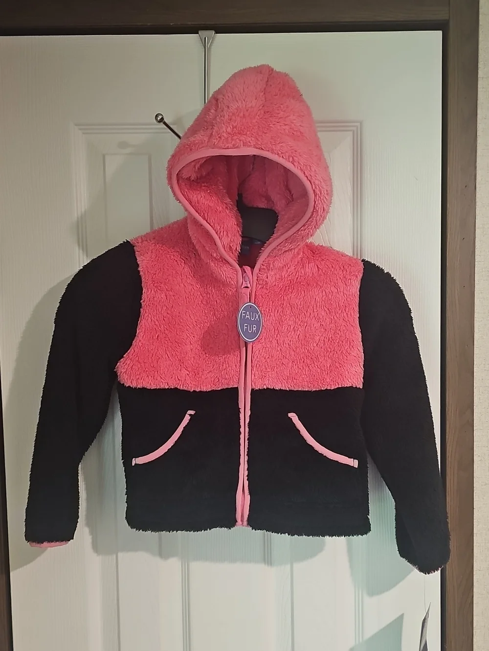Weather Club Girls L 6X Pink Black Faux Fur Zippered Hooded Jacket w/Pockets New